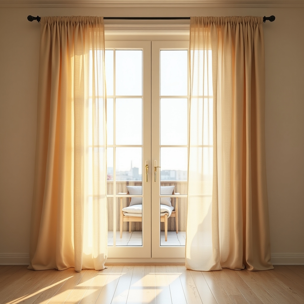 Cortinas de lino natural en ventana amplia con luz de tarde filtrándose suavemente