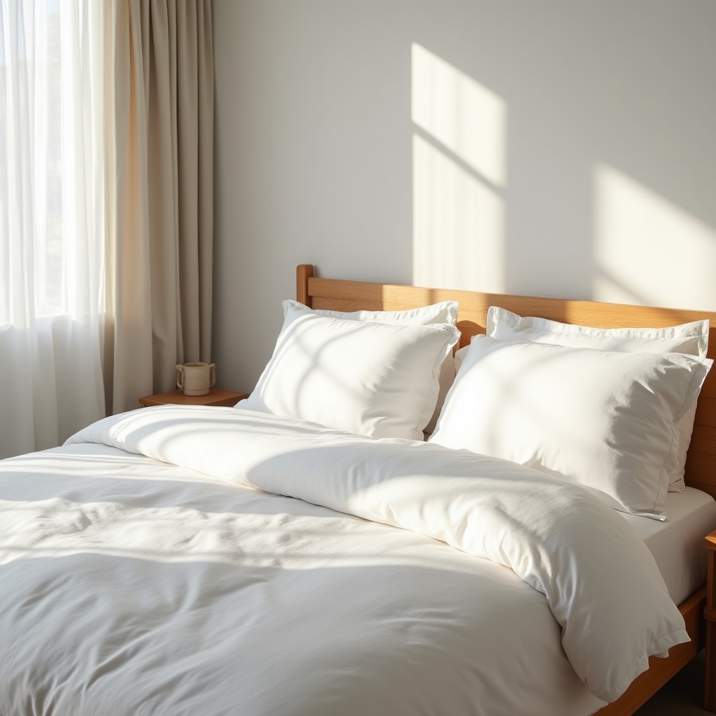Ropa de cama de algodón orgánico blanca perfectamente tendida en una habitación con luz natural