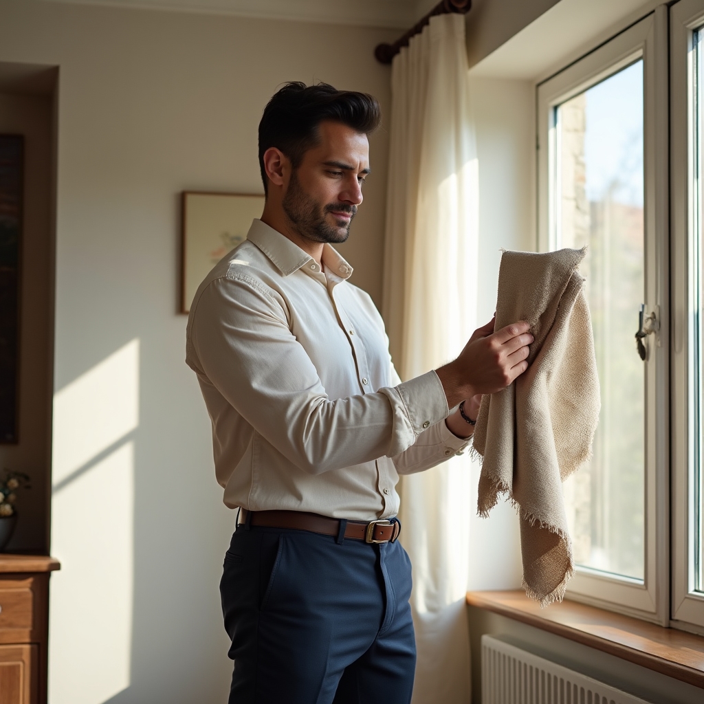 Especialista en interiorismo revisando muestras de tejidos para cortinas en un espacio residencial